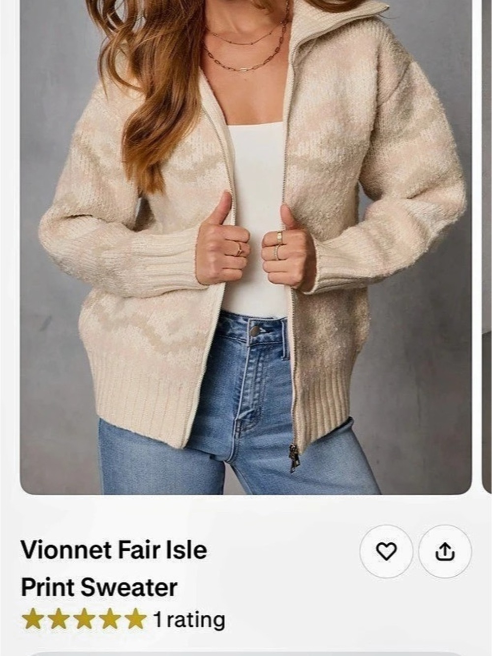 VICI Vionnet Fair Isle Print Sweater Cardigan Cream & Brown